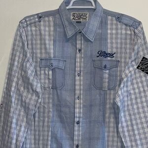 KAPORAL WORKER DESIGNED IN FRANCE VINTAGE BLUE PLAID PATCHWORK COTTON SHIRT 2XL